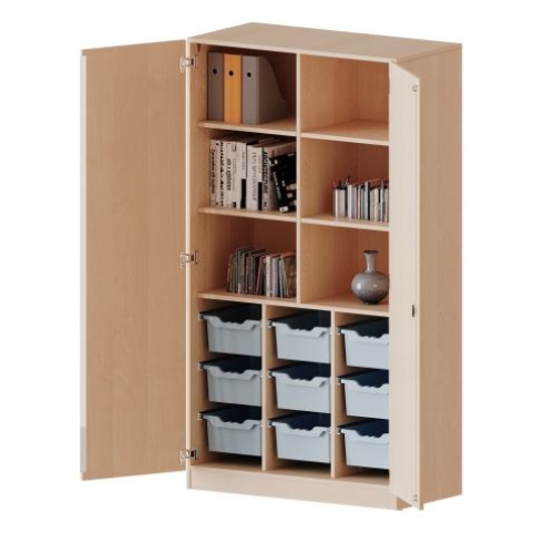 Kast driekoloms, 5 ordnerhoogte met deuren 5 ordnerhoogte en 9 diepe boxen