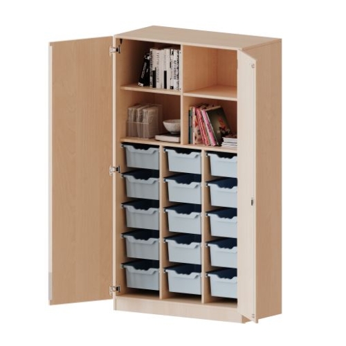 Kast driekoloms, 5 ordnerhoogte met deuren 5 ordnerhoogte en 15 diepe boxen