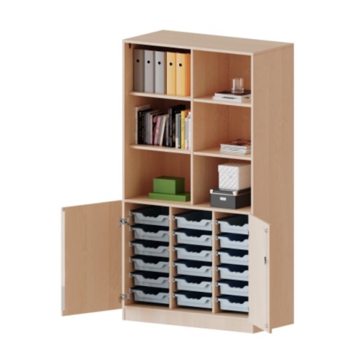 Kast driekoloms, 5 ordnerhoogte met deuren 2 ordnerhoogte en 18 ondiepe boxen